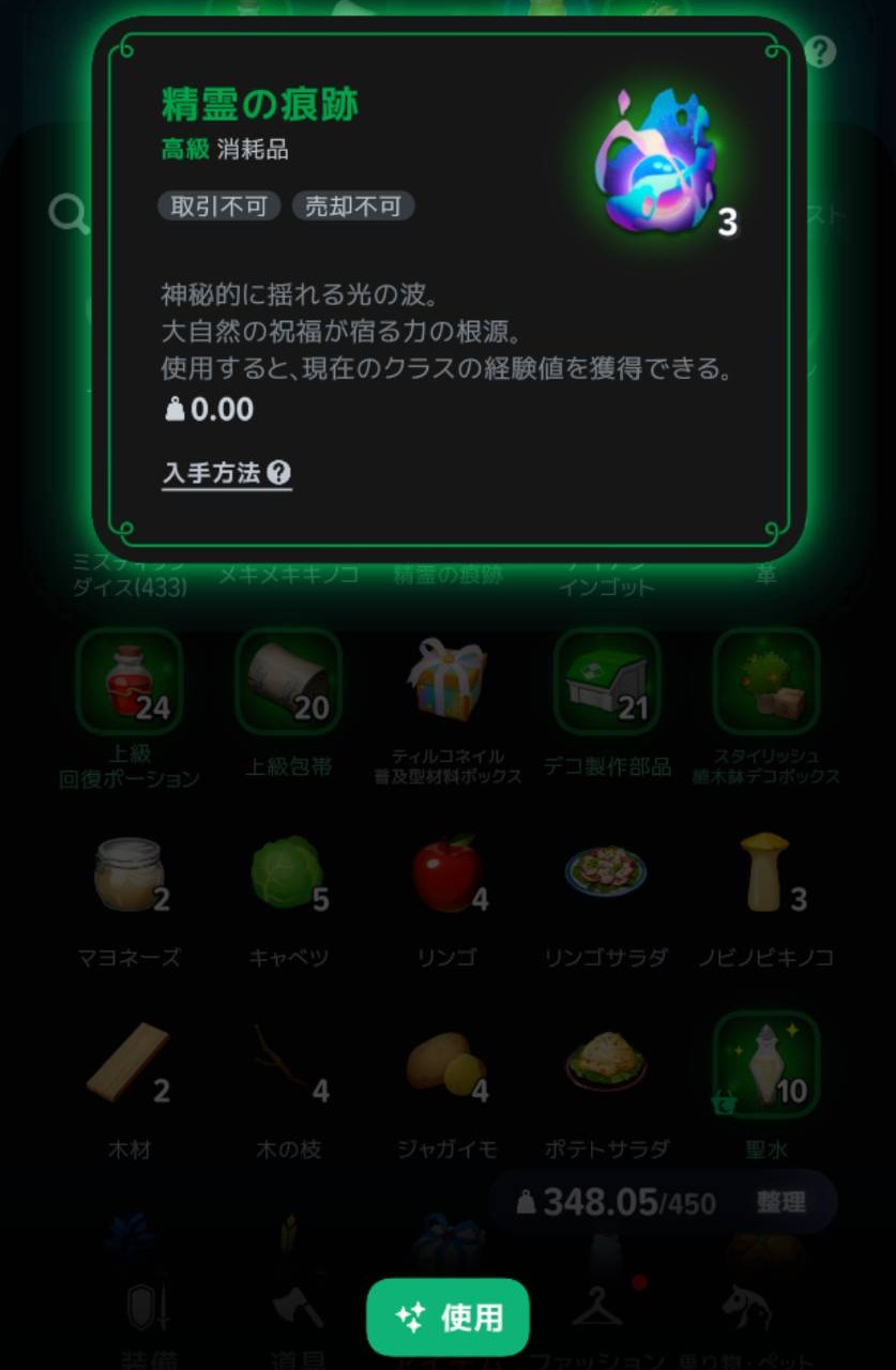 バッグで精霊の痕跡の説明と「使用」ボタンを確認