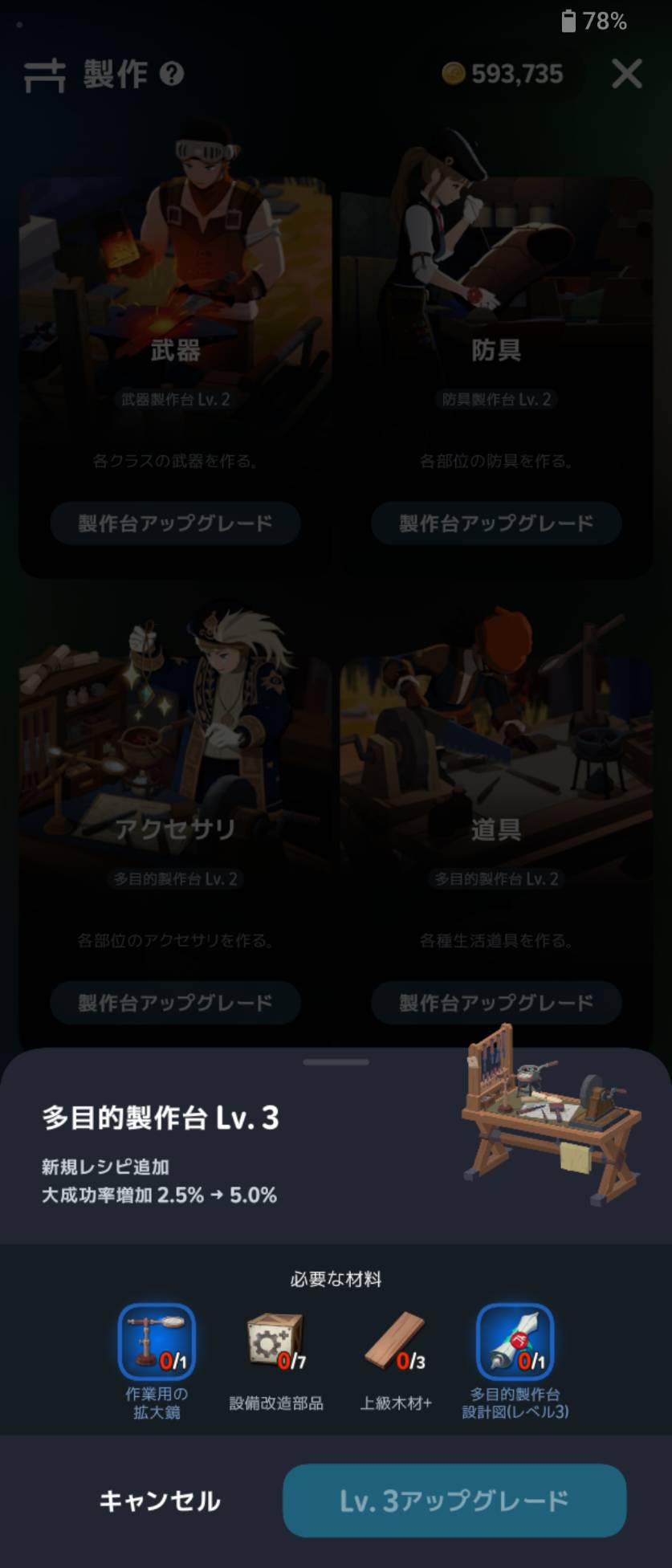 製作の入口ではアクセサリと道具の両方に「多目的製作台Lv2」と表示。Lv3の強化画面も確認できます。