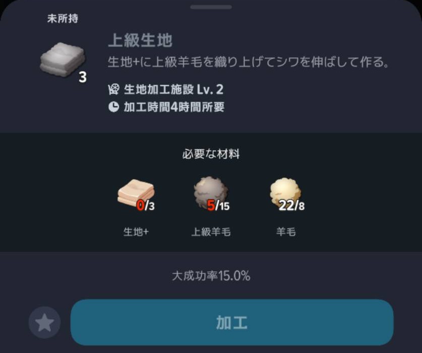 上級生地3個の材料と加工時間4時間