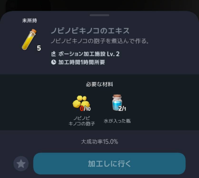 ノビノビキノコのエキス5個の材料と加工時間1時間