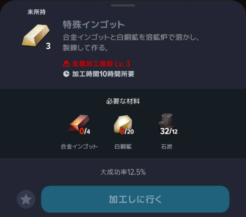 特殊インゴット3個の加工条件。金属加工施設Lv3と素材が必要