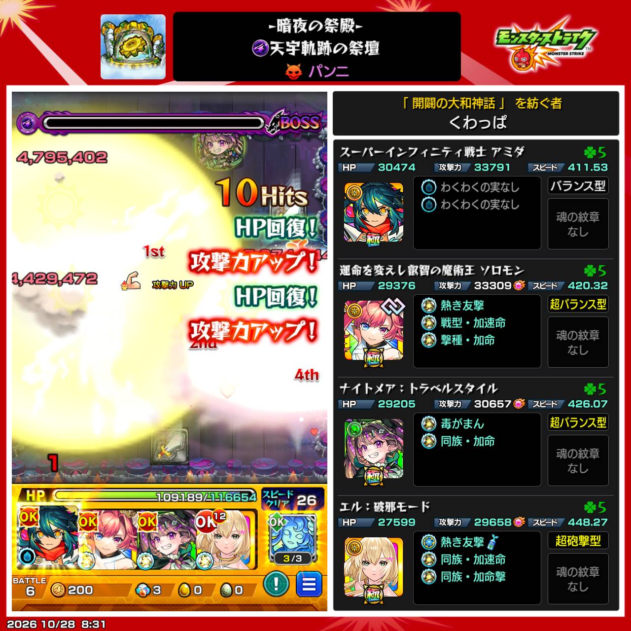 パンニ第1ステージ「天宇軌跡の祭壇」の編成記録。