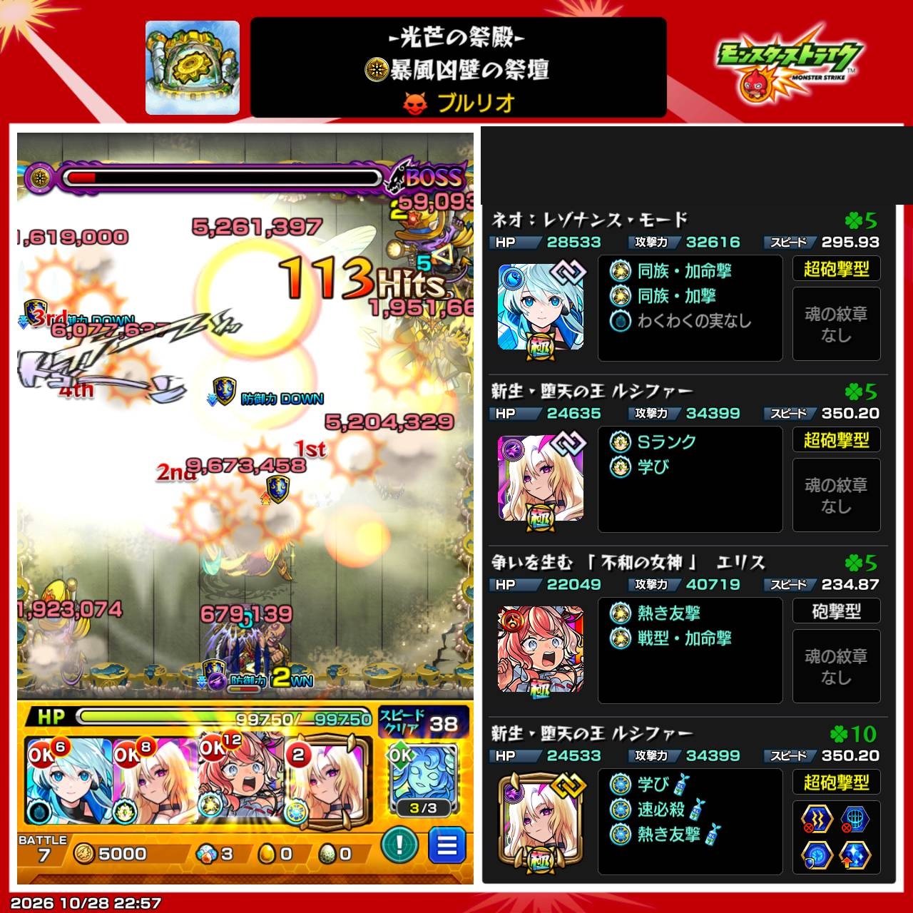 ブルリオ第2ステージ「暴風凶壁の祭壇」のクリア時の編成。