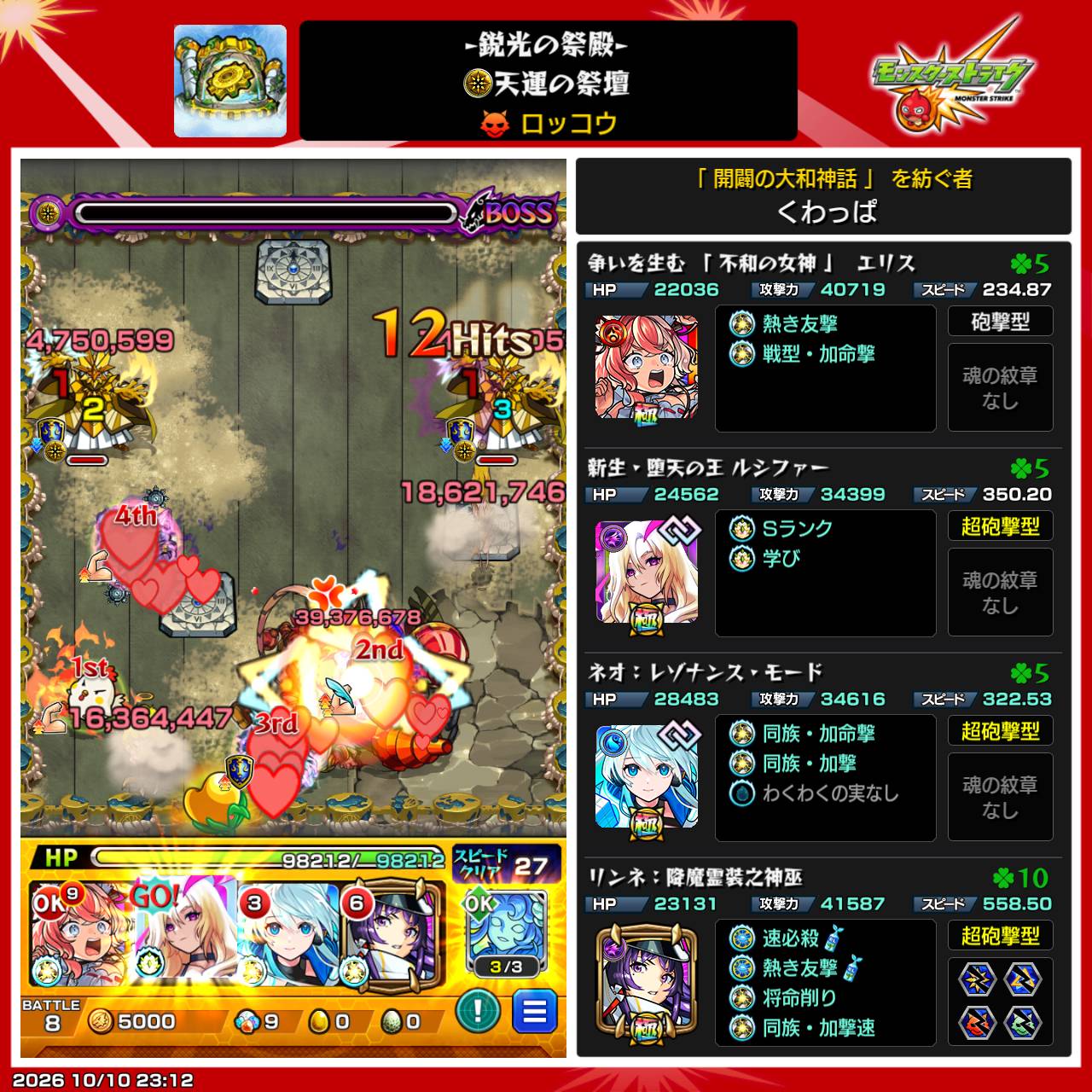 ロッコウ・天運の祭壇のクリア画面と使用した4体